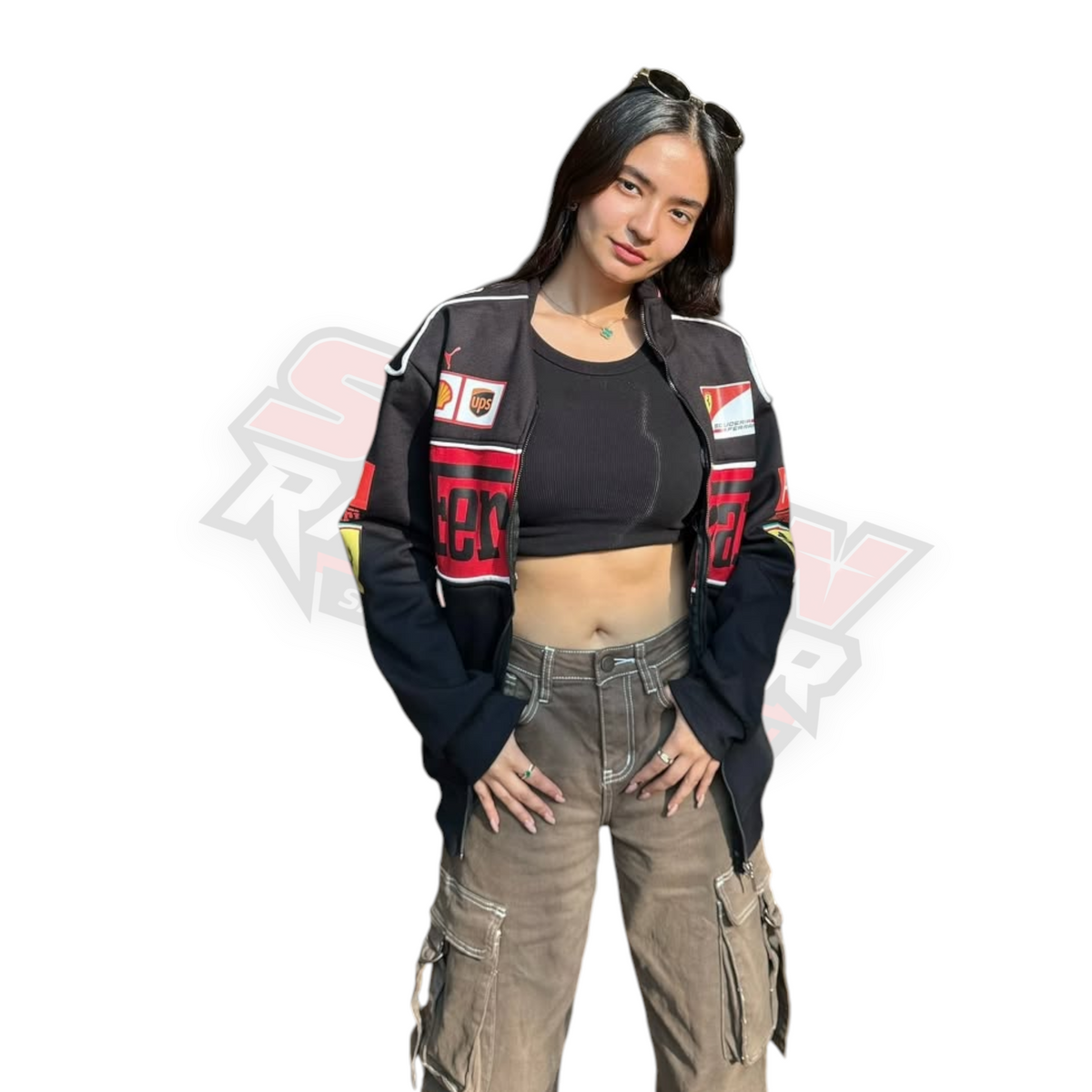 Black Ferrari F1 Vintage Racing Jacket Worn by Anushka Sen