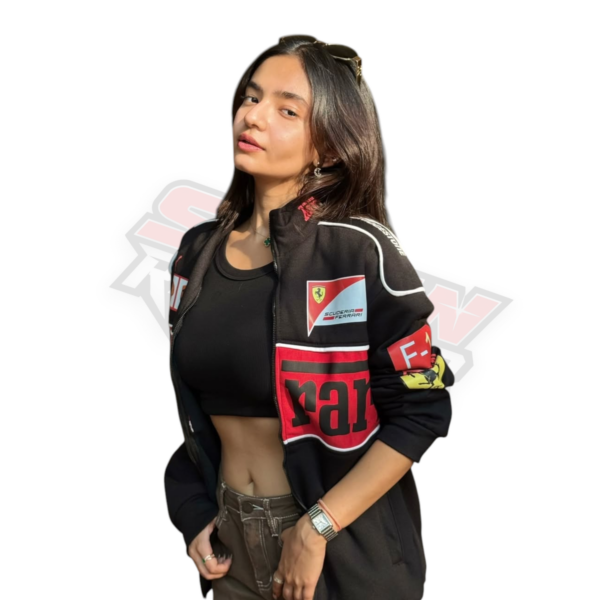 Black Ferrari F1 Vintage Racing Jacket Worn by Anushka Sen