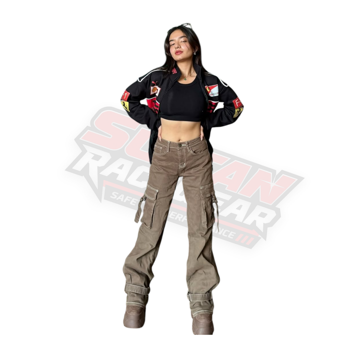 Black Ferrari F1 Vintage Racing Jacket Worn by Anushka Sen
