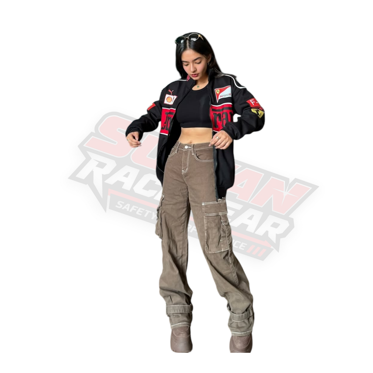 Black Ferrari F1 Vintage Racing Jacket Worn by Anushka Sen