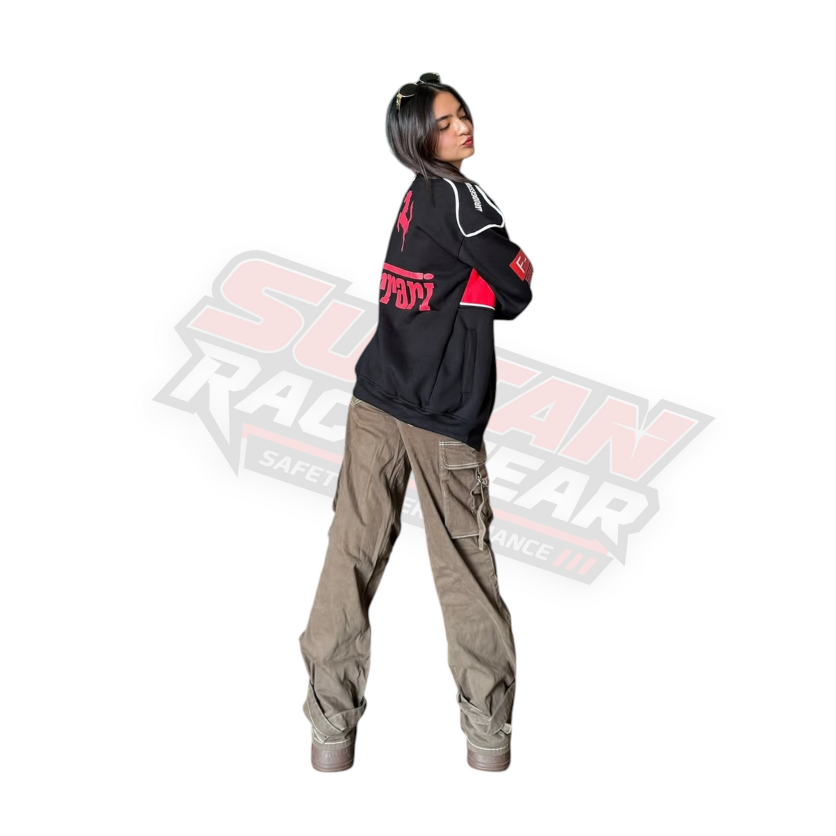 Black Ferrari F1 Vintage Racing Jacket Worn by Anushka Sen