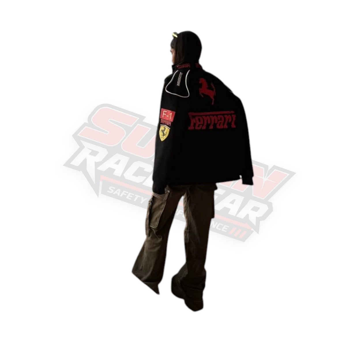 Black Ferrari F1 Vintage Racing Jacket Worn by Anushka Sen